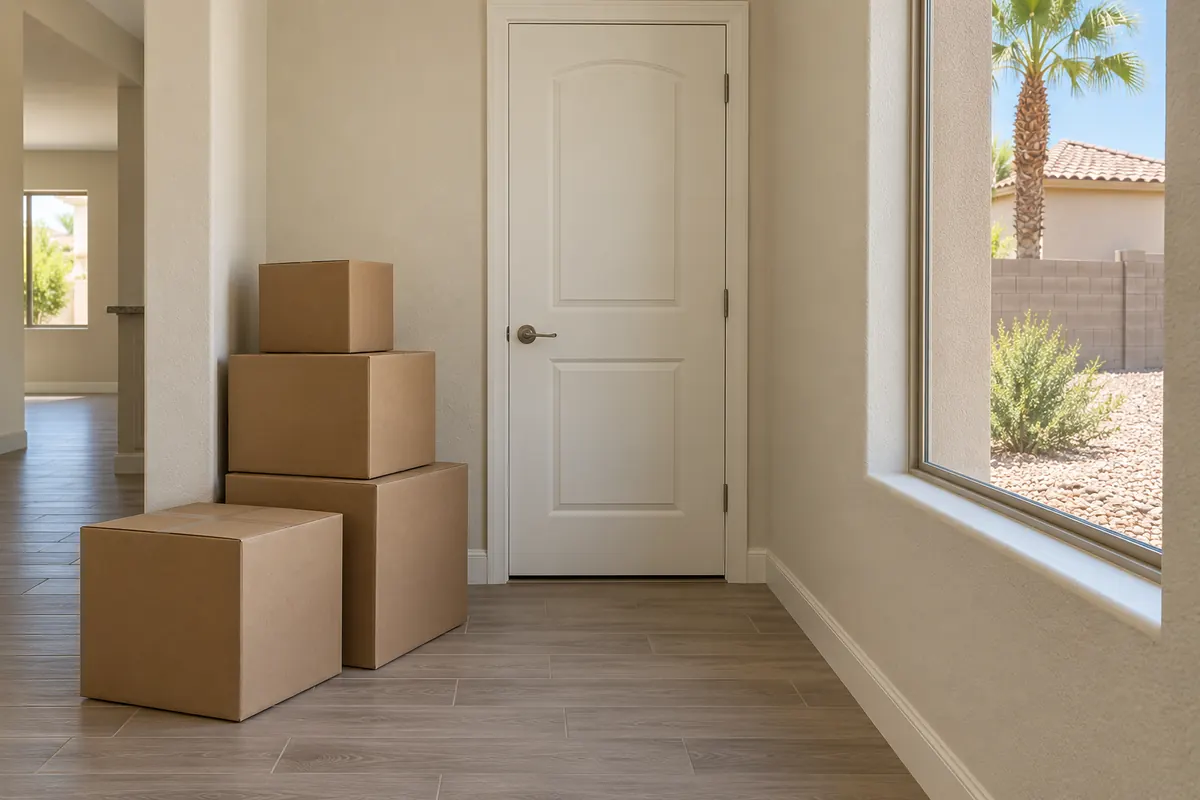 A hallway with a few moving boxes