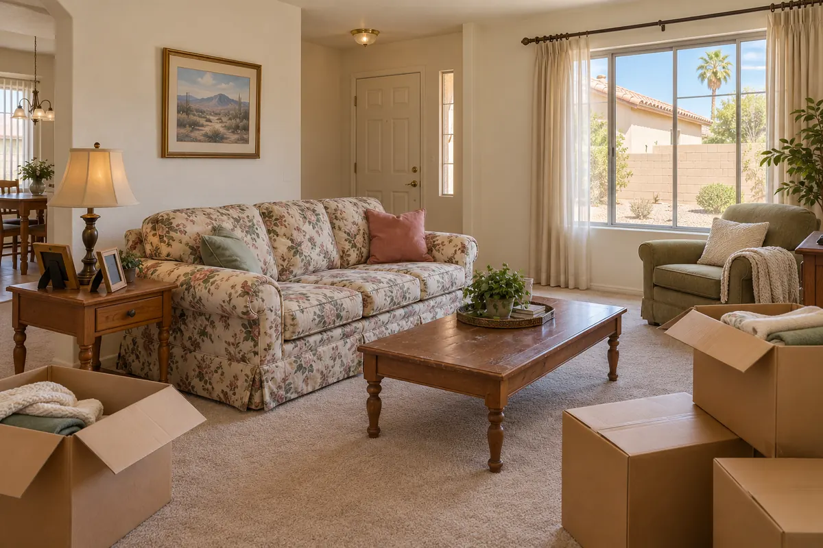 Living room of an older family home with a few packed boxes