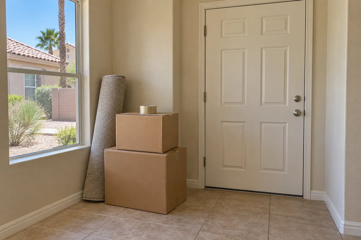 Moving boxes stacked by the front door of a house